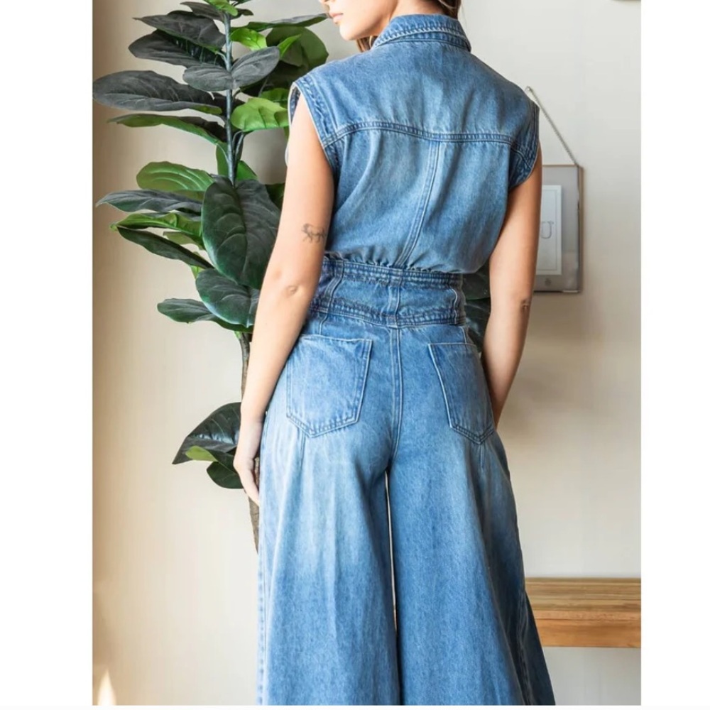 Vervet denim button down sleeveless ultra wide leg jumpsuit (flaw) large - Picture 2 of 11